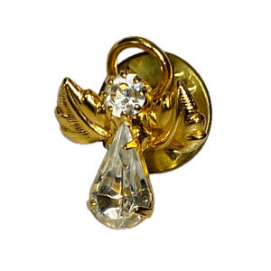 Angel Brooch Lapel Pin Clear Rhinestones Christmas Gold Tone Metal Tiny Vintage